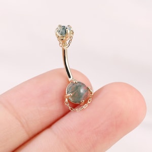 14K Solid Gold Moss Agate Externally Threaded Belly Piercing, Moss Agate with Chain Belly Ring, Gemstone Belly Ring, Ventral Piercing