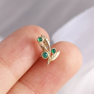 14K Solid Gold Chrysoprase Leaf Cartilage Piercing, Chrysoprase Helix Stud, Gemstone Ends Conch Earring, Flat Back Earring