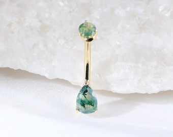 14K Solid Gold Moss Agate Belly Ring Piercing, Gold Moss Agate Belly Button Ring, Extrenally Threaded Curved Barbell Navel Ring Piercing 14G