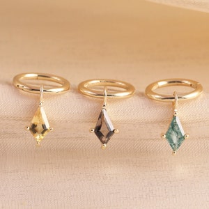 14K Solid Gold Moss Agate Kite shape Charm Cartilage,Smoky Quartz Huggie Hoop Charm,Daith Helix Tragus,Rook Charm Dangle Earring Belly Charm