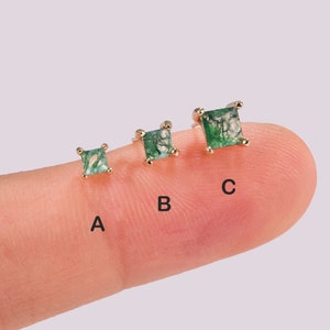 14K Solid Gold Square Moss Agate Threadless Pin, Gold Helix Conch Agate Push Back Piercing, Tragus Cartilage Frontal Helix Flat Back Earring