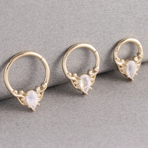 14K Solid Gold Teardrop Moonstone Daith Hoop Earring, Gemstone 16G Nose Septum Seamless Clicker, 14K Cartilage Rook Conch Helix Hinged Ring