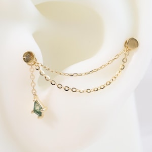 14K Solid Gold Dangle Kite Cut Moss Agate Chain, Industrial Cartilage Earlobe Ear Wire Flash O Chain, Gold Gemstone Helix Tragus Conch Charm