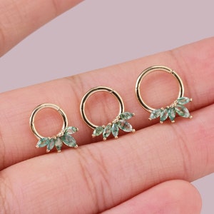 14K Solid Gold Moss Agate Dainty Fan Shape Hinged Clicker Hinged Segment Ring Gold Daith Cartilage Hoop Earring Nose Ring Helix Piercing 16g