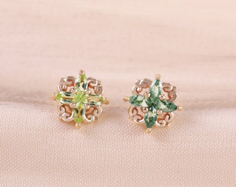 14K Solid Gold Moss Agate Vintage Cartilage Earring,Peridot Flower Cartilage Piercing,Gemstone Threadless End, Helix Stud, Flat Back Earring