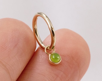 14K Solid Gold Beauty Jade Charm Cartilage Huggie Hoop Charm Daith Helix Tragus Jade Rook Charm Dangle Earring Belly Charm