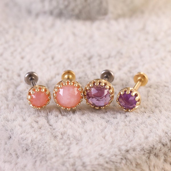 14K Gold Rose Cut Natural Pink Opal Stud, Tiny Natural Amethyst Threadless Stud, Helix Earring, Conch Piercing, Gemstone Flat Back Earring