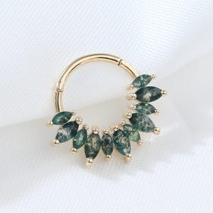 14K Solid Gold Moss Agate Floral Daith Clicker, Marquise Gemstone Septum Ring, 16G Cartilage Helix Conch Nose Piercing, Hinged Hoop Earring