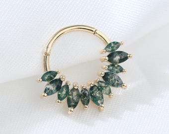 14K Solid Gold Moss Agate Floral Daith Clicker, Marquise Gemstone Septum Ring, 16G Cartilage Helix Conch Nose Piercing, Hinged Hoop Earring