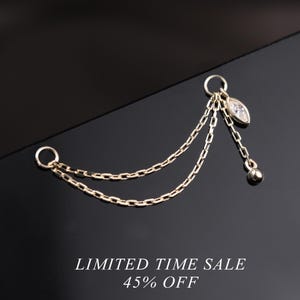 Moissanite Solid 14K Gold Chain Earring, Diamond Double Layer Cable Chain Piercing Attachment