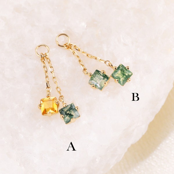 14K Solid Gold Dangle Square Moss Agate Charm, Dangle Citrine Charm, Rook Hoop Charm, Belly Ring Charm, Gold Clicker Charm, Hoop Charm