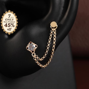 14-karätiger Gold-Ohrstecker mit Alexandrit-Blumenmuster, Doppelohrring mit Kette, Doppelhelix-Ohrring für Conch-Piercings, flacher Ohrstecker ohne Gewinde