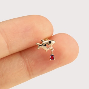 14K Solid Gold Shark Shape Dangle Stud,Garnet Teardrop Earring,Dainty Animal Cartilage Piercing,Threadless Flat Back Stud,Helix Conch Stud