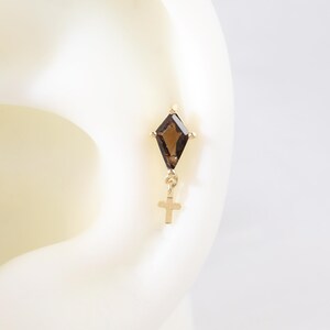 14K Solid Gold Kite Smoky Quartz with Gold Cross Helix Earring, Real Gold Quartz Dangle Tragus Cartilage Earlobe Threadless End Earring