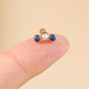 14K Solid Gold Lapis Lazuli with Pearl Earring, Gold Helix Climber, Cartilage Conch Tragus Earlobe Threadless Pin Stud, Push Back Piercing