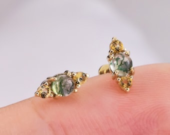 14K Solid Gold Moss Agate Citrine Stud Earring, Flat Push Back Piercing Jewelry