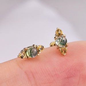 14K Solid Gold Natural Gemstone Threadless Ends, Citrine Moss Agate Flat Back Earring, Conch Stud, Cartilage Piercing, Helix Stud 20g
