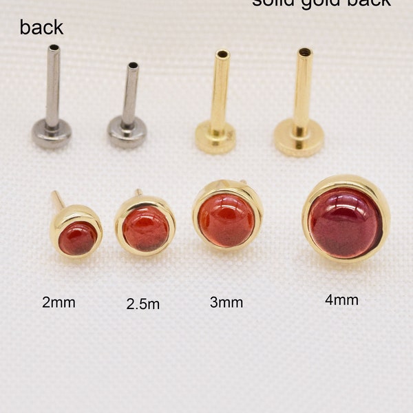 14K Solid Gold Garnet Threadless Push Pin Labret Dainty Round Gemstone Cartilage Helix Garnet Earring Tragus  Garnet Stud Gemstone Earring