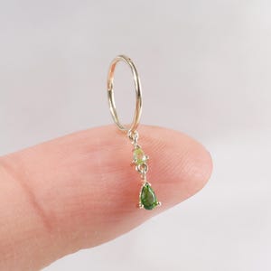 14K Solid Gold Peridot with Dangle Diopside Cartilage Hoop Clicker Jewelry, Real Gold Drop Earlobe Huggie Helix Ring Rook Clicker Earring