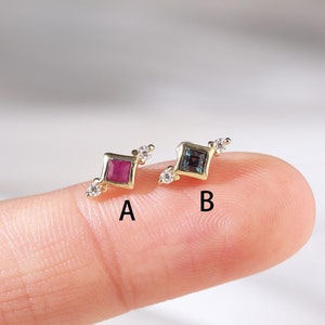 14K Solid Gold Ruby with Moissanite Earring, Princess Cut Alexandrite Helix Climber Flat Back, Conch Cartilage Lobe Push Back Piercing