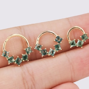 14K Solid Gold Moss Agate Daith Clicker Piercing, Hinged Ring Helix Cartilage Hoop Nose Ring Piercing, Conch Earlobe Belly Huggie Hoop 16G