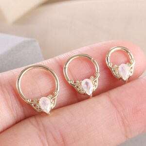 14K Solid Gold Teardrop Moonstone Daith Hoop Earring 16G Nose Ring Septum Hoop Seamless Clicker Cartilage Rook Conch Earring Helix Earring