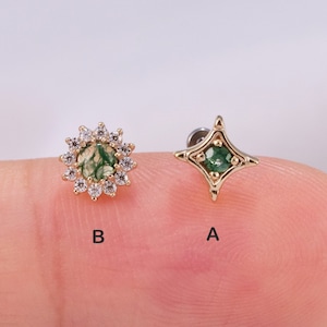 14K massief gouden mosagaat zonnebloem studoorbel poolster studoorbel Helix conch kraakbeen labret oorbel tragus sieraden platte achterkant stud