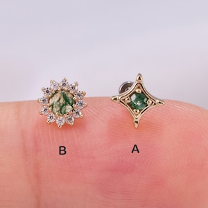 14K Solid Gold Moss Agate Sunflower Stud Earring North Star Stud Earring Helix Conch Cartilage Labret Earring Tragus Jewelry Flat Back Stud