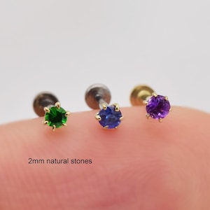 14K Solid Gold Blue Sapphire Amethyst Tsavorite Threadless Labret Push Pin Stud Natural Stone Cartilage Helix Tragus Flat Back Earring 20g