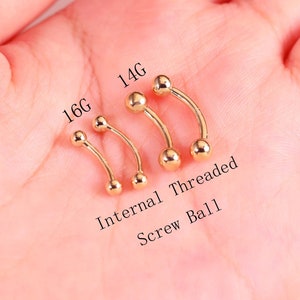 14K Solid Gold Internal Screw Curved Barbell Earring, Gold Rook Eyebrow Labret Piercing, Gold Belly Ring Naval Piercing Piercing Jewelry