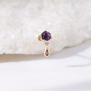 14K Solid Gold Dangle Amethyst Flat Back Earring, 14K Drop Helix Threadless Push Pin, Real Gold Cartilage Earlobe Conch Push Back Piercing