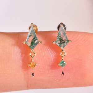 14K Solid Gold Moss Agate Kite Shaped Dangle Earring, Gemstone Cartilage Stud Rhombus Helix Stud Conch Tragus Earlobe Earring Flat Back Stud
