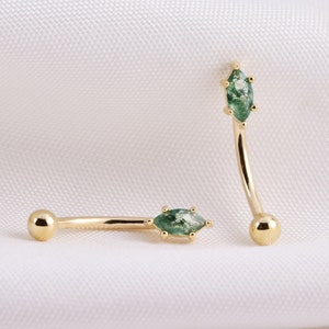 14K Solid Gold Moss Agate Rook Eyebrow Earring, Marquise Gemstone Curved Barbell Rook Piercing, Gold Body Belly Navel Piercing Jewelry 16G