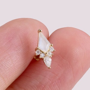 14K Gold Kite Shape Moonstone Earring Rhombus Stud Earring Moissanite Cartilage Earring Helix Stud Tagus Piercing Conch Flat Back Earring