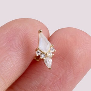 14K Gold Kite Moonstone Earring Rhombus Stud Earring Moissanite Cartilage Earring Helix Stud Tagus Piercing Conch Flat Back Earring