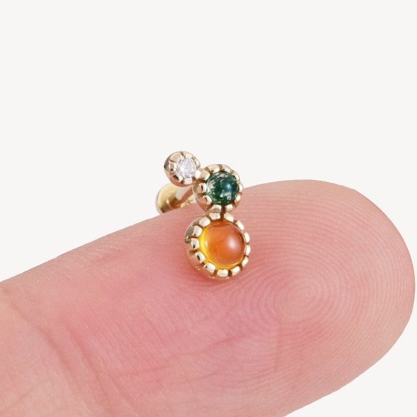 14K Solid Gold Multi Gemstone Cartilage Piercing, Moss agate Tragus Earring, Citrine Conch Stud, Moissanite Helix Jewelry, Flat Back Earring