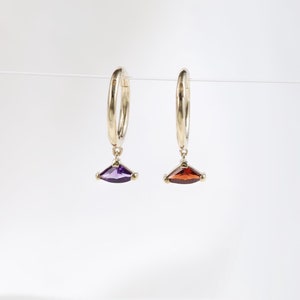 14K Solid Gold Dangle Red Garnet Fan Shaped Charm Clicker, Gold Amethyst Dangle Charm Hoop, Cartilage Belly Charm Hoop, Charm Huggie Hoop
