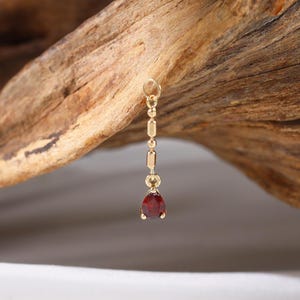 14K Solid Gold Pear Red Garnet Dangle Helix Charm, Teardrop Belly Ring Hoop Charm Attachment, Cartilage Earlobe Huggie Clicker Hanging Charm