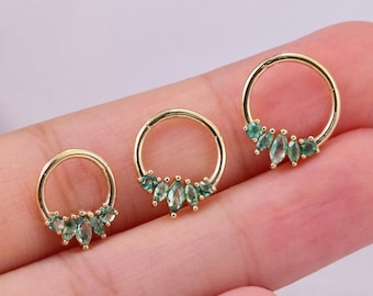 14K Solid Gold Moss Agate Marquise Floral Hinged Clicker Hinged Segment Ring Daith Piercing Cartilage Hoop Earring Nose Ring Helix Piercing