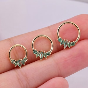 14K Solid Gold Moss Agate Marquise Floral Hinged Clicker Hinged Segment Ring Daith Piercing Cartilage Hoop Earring Nose Ring Helix Piercing