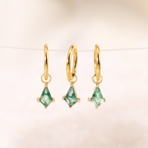 14K Solid Gold Fan Shape Moss Agate Charm, Gemstone Charm, Rook Hoop Charm, Belly Ring Charm, Gold Clicker Charm, Huggie Hoop Charm
