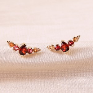 14K Solid Gold Garnet with Orange Sapphire Climber Stud, Citrine Helix Cartilage Bat Threadless Pin, Gold Conch Labret Lobe Push Back Stud