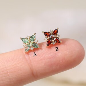 14K Solid Gold Floral Moss Agate with Peridot Stud, Flower Garnet with Smoky Quartz Earring, Moissanite Conch Lobe Helix Flat Back Piercing