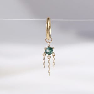 14K Solid Gold Dangle Moss Agate Earring Charm, Gold Gemstone Dangle Huggie Hoop Charm, Rook Ring Helix Cartilage Conch Piercing Charm