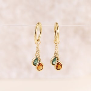 14K Solid Gold Dangle Moss Agate with Citrine Charm, 14K Moss Agate Cable Chain HoCharm, Gold Rook Hoop Charm, Belly Ring Huggie Hoop Charm