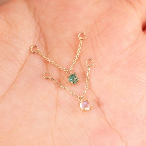 14K Solid Gold Moss Agate Chain Attachment, Gemstone Chain Charm, Moonstone Helix Chain,  Gold Chain Connector Piercing, Dangle Hoop Chain