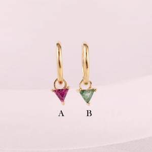 14K Solid Gold Triangular Moss Agate Charm, Rhodolite Garnet Charm, Rook Hoop Charm, Belly Ring Charm, Gold Clicker Charm, Huggie Hoop Charm