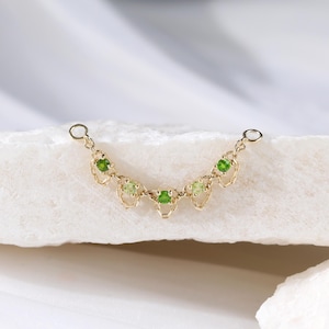 14K Solid Gold Diopside with Peridot Chain Attachment, Gold Dangle Hidden Helix Earrings, Conch Connector Chain Piercing Stud Attachment