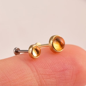 Pendiente de oro macizo de 14 quilates con citrino, sin rosca, con pasador, para labio, delicado, redondo, con rosca trasera, con piedra preciosa de citrino, para cartílago, hélice, trago, regalo para ella