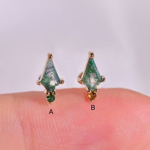 14K Solid Gold Moss Agate Stud Earring Kite Shape Cartilage Earring Diamond Shaped Helix Conch Tragus Earring Flat Back Earring 20g